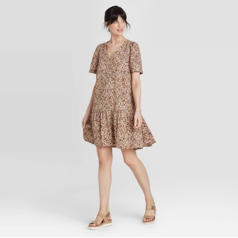 A New Day Brown Tan Short Sleeve V Neck Tiered  Animal Print Dress Size XXL